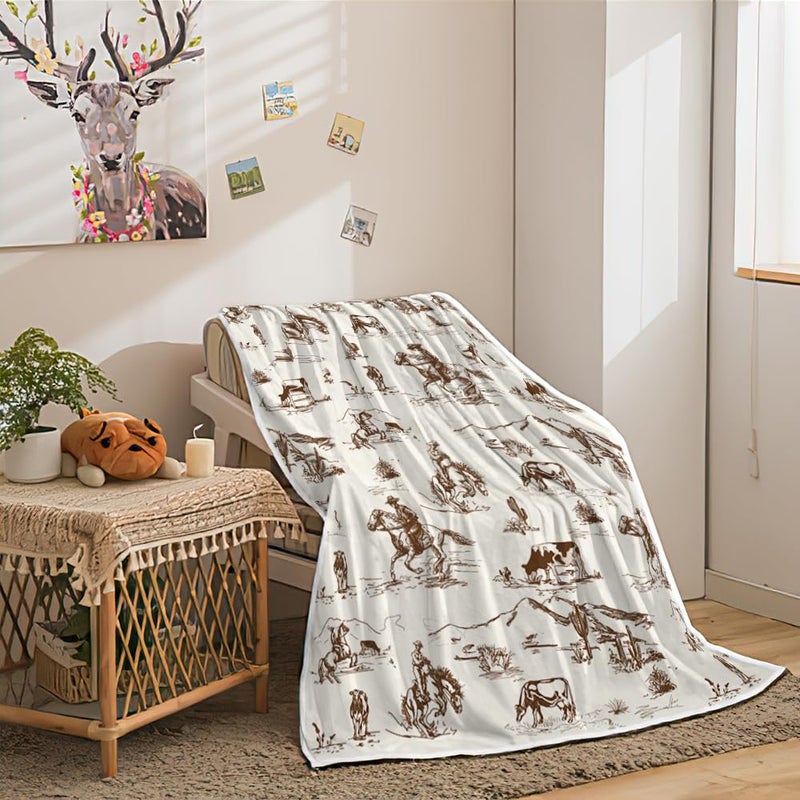 Bzhilja Western Cowboy Throw Blankets, Wild West Cowboy Ride Horse Desert Cactus Cozy Warm Bed Couch Blanket, Farmhouse Country American West Theme Fleece Flannel Throws to Decorate the Room and Bedroom - Image 2